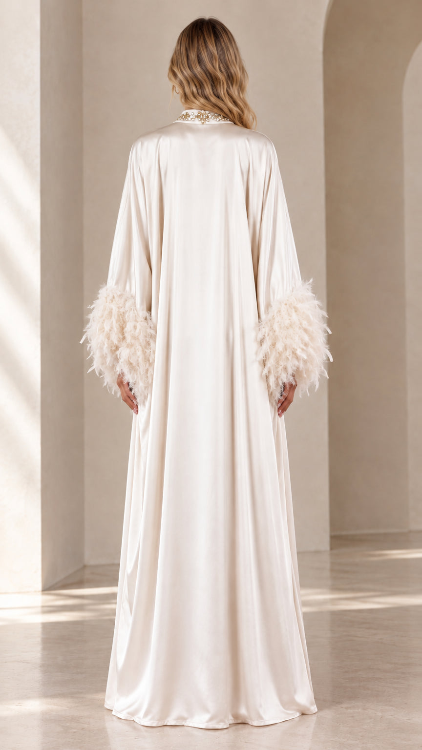 Back view of woman wearing champagne satin maxi kaftan dress