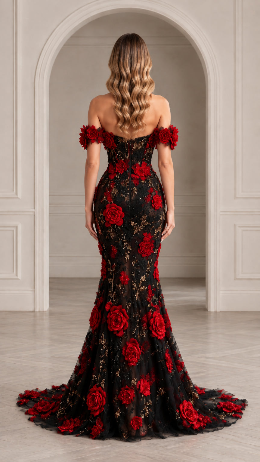 Back view of black floral mermaid evening gown showing low back and train