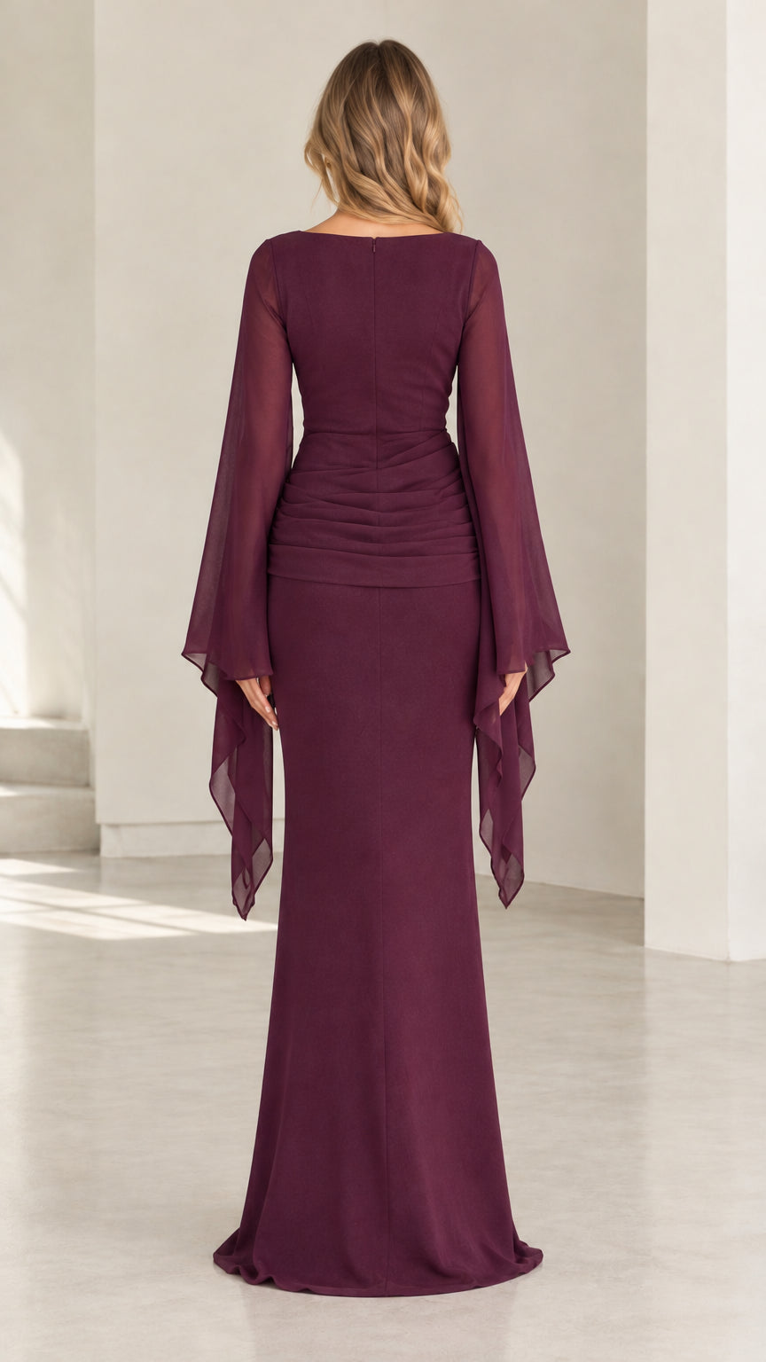 Back view of burgundy boat neck evening gown with cascading flare sleeves