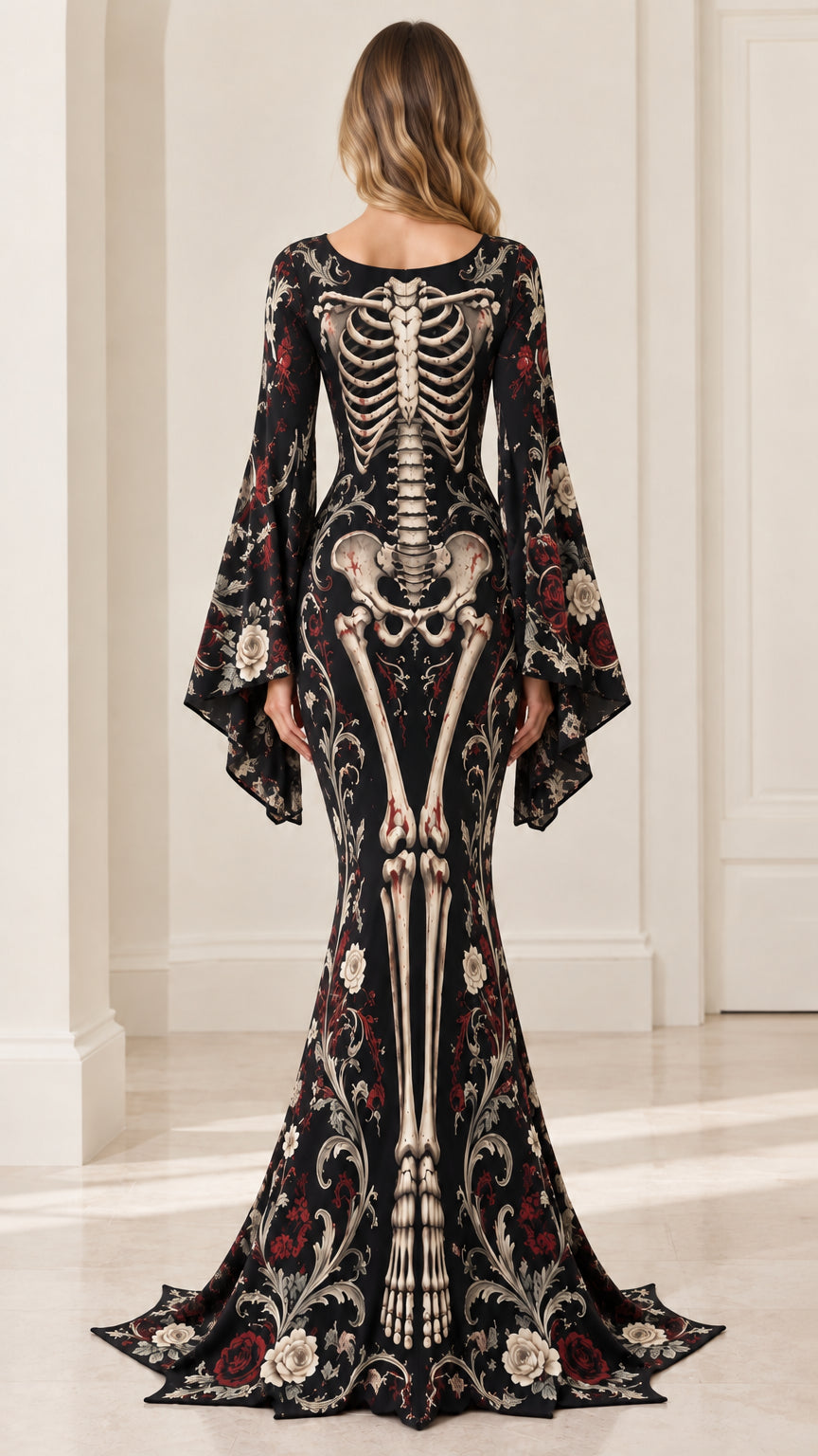 Back view of black gothic mermaid maxi dress with anatomical spinal print