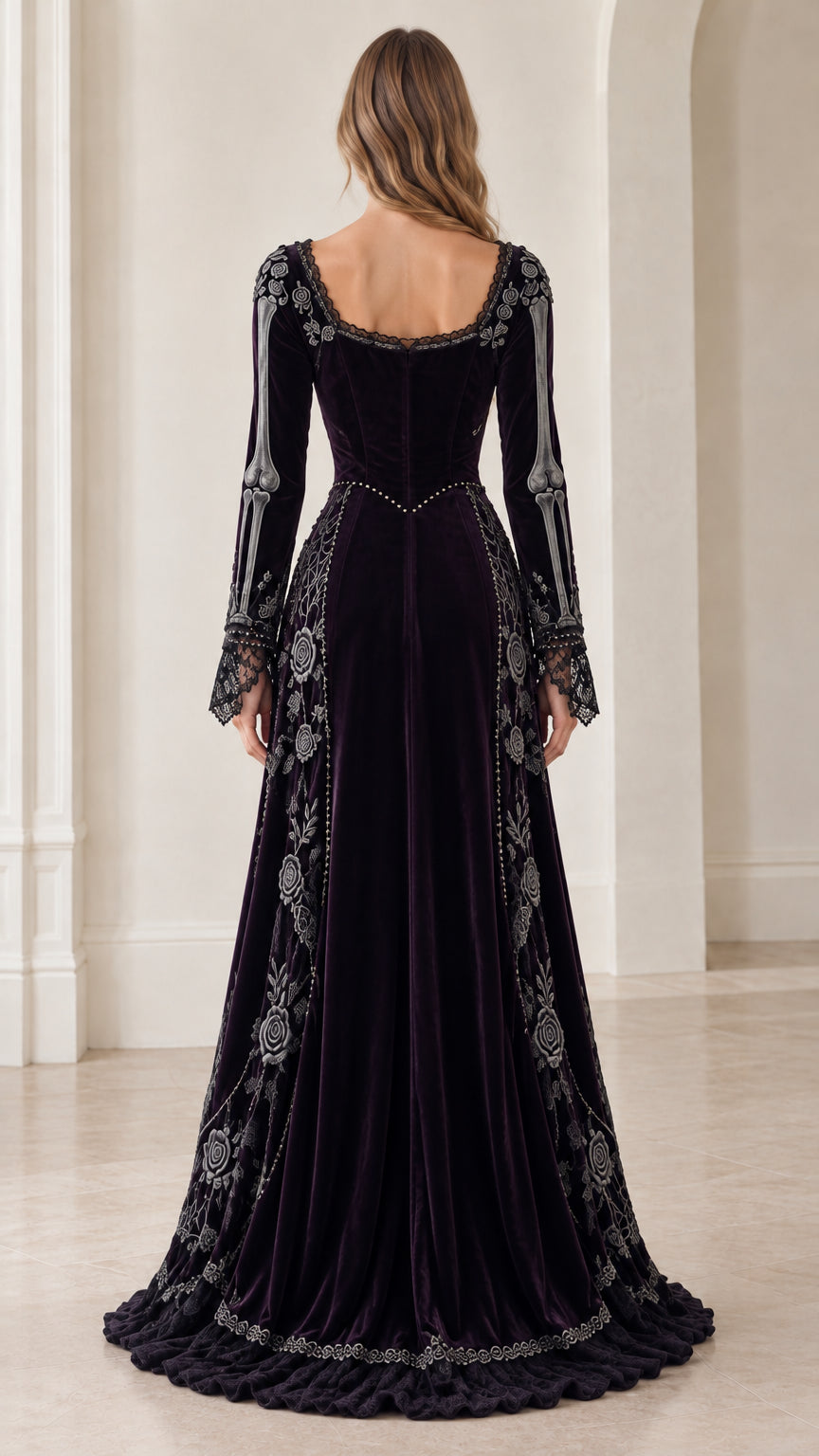 Back view of deep plum skeleton maxi dress displaying spinal bone print and flowing skirt