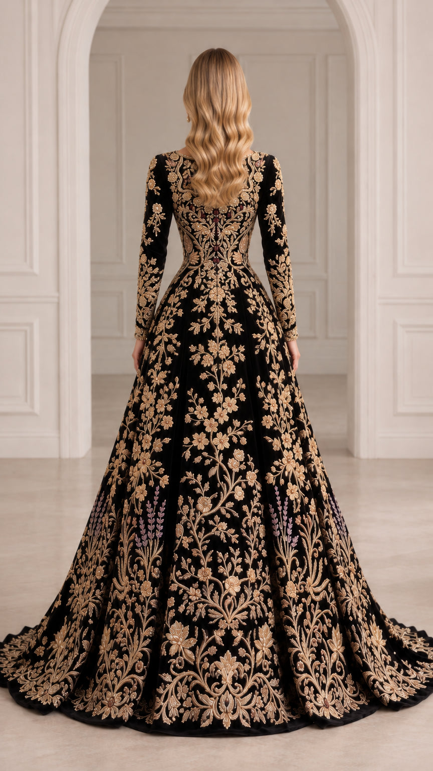 Back view of long sleeve embroidered evening gown showing dramatic sweep