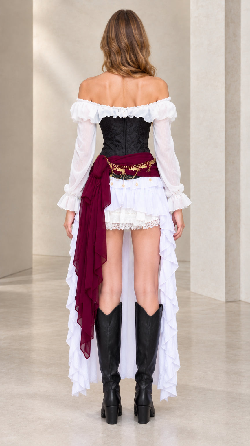 Back view of women's Renaissance costume dress showing off-shoulder fit and burgundy draped sash