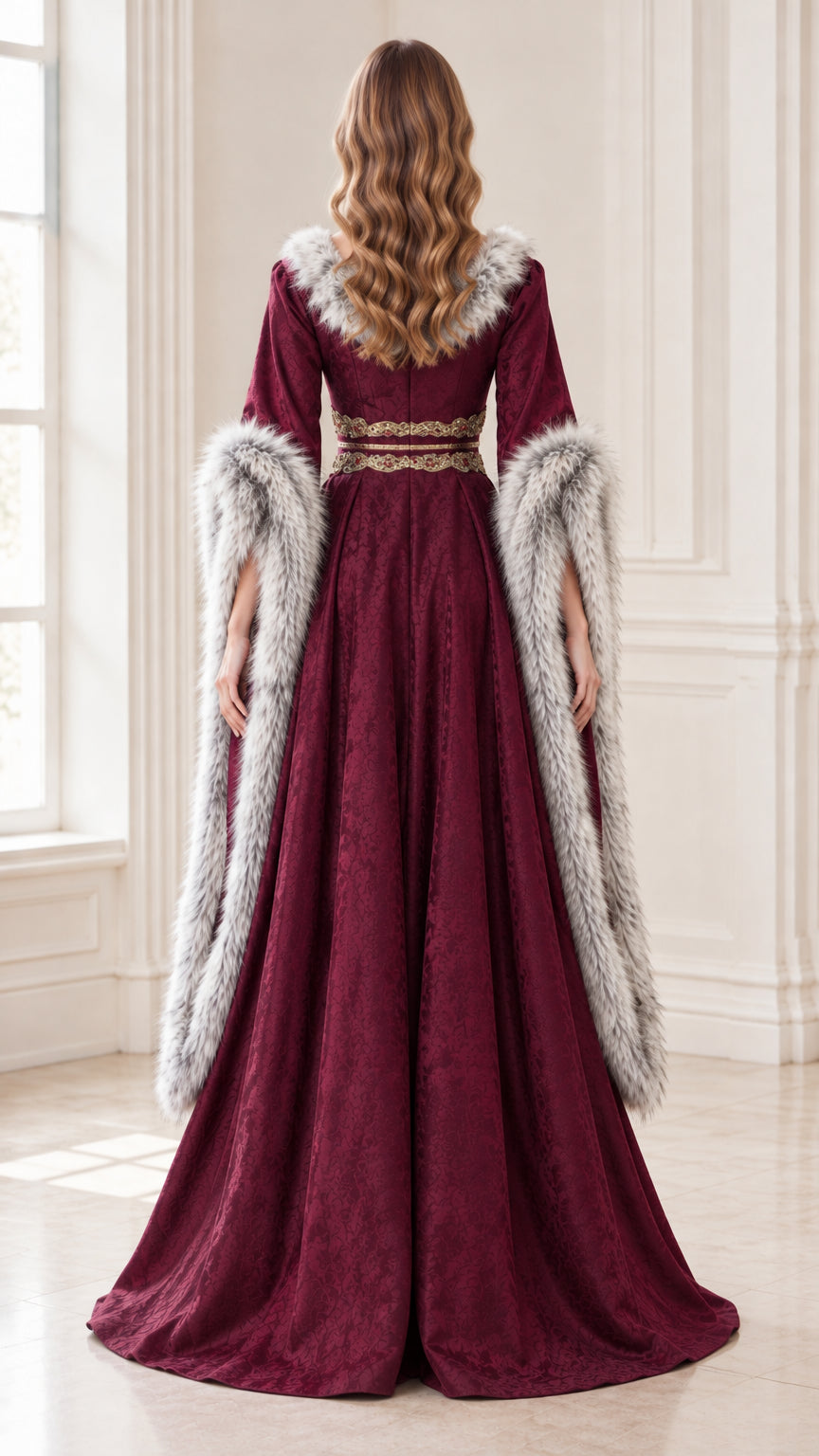 Back view of burgundy floor-length medieval queen dress with fur collar