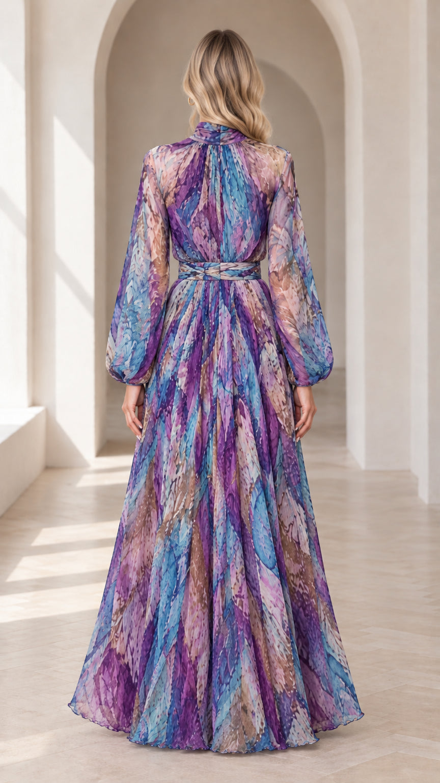 Back view of woman showing high neckline and draped skirt of purple abstract maxi dress