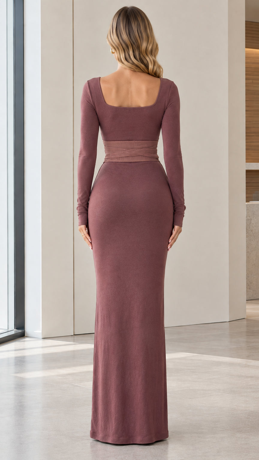 Back view of model wearing dusty mauve long sleeve maxi dress showing square back