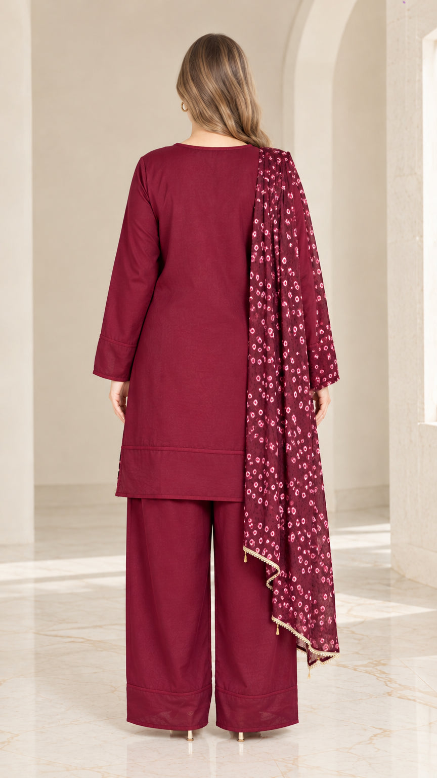 Back view of woman wearing burgundy tunic and wide-leg pants set with printed scarf over one shoulder