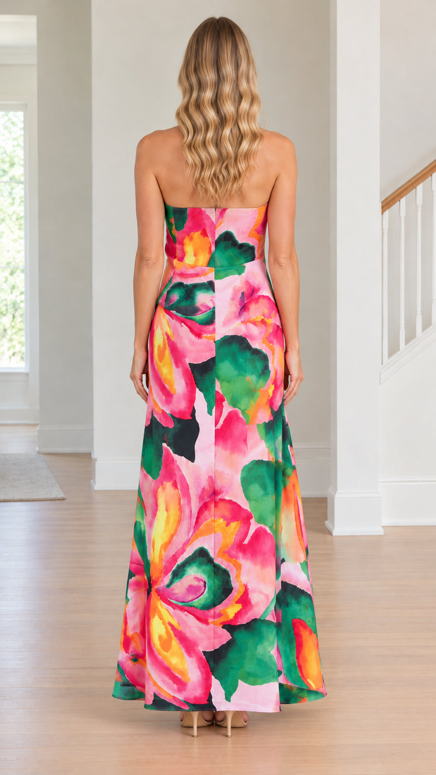 Back view of model wearing Light Pink strapless floral print maxi dress