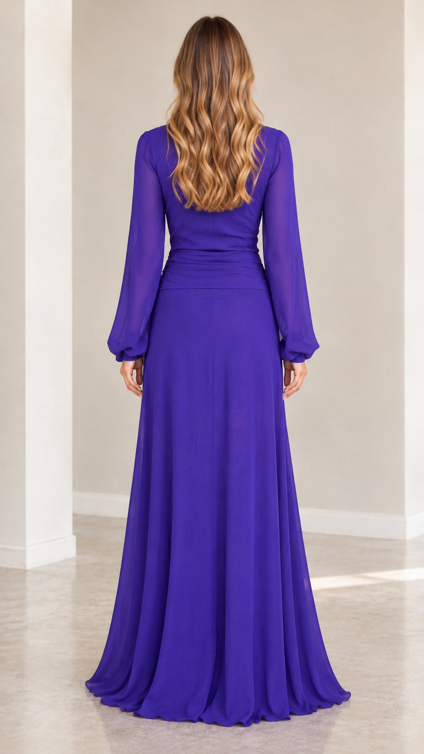 Royal blue high neck long sleeve maxi dress back view