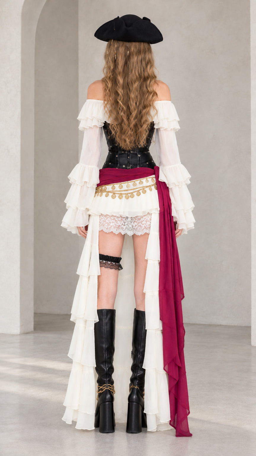 Back view of women's pirate costume highlighting the adjustable lace-up corset back and cascading white train