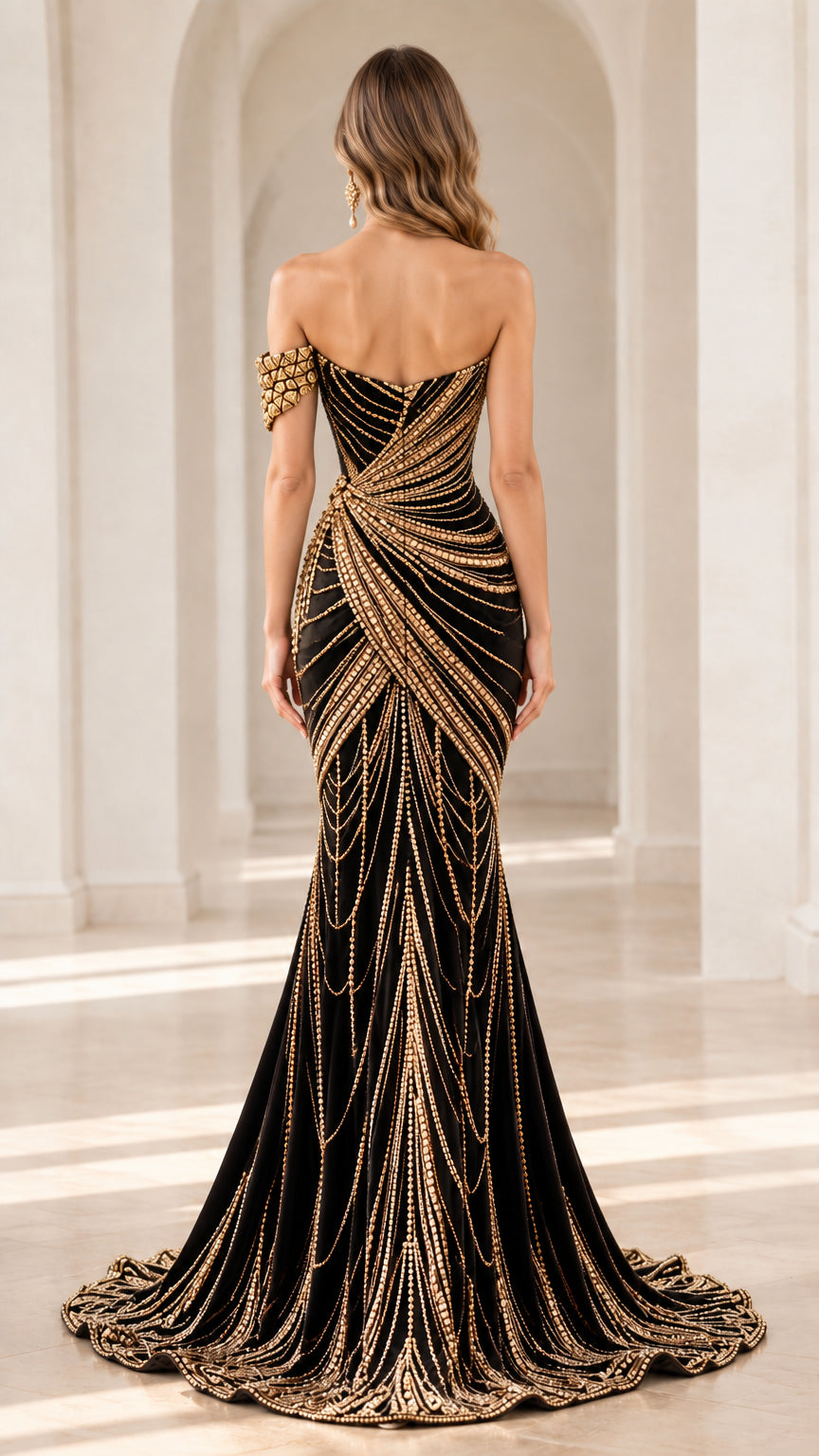 Back view of black mermaid evening gown with cascading gold bead details