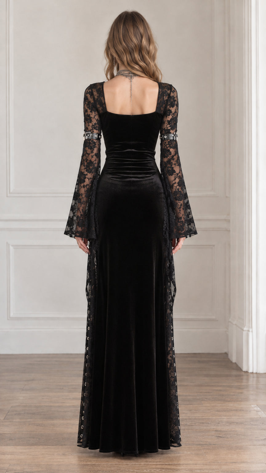 Back view of woman wearing the square-back black gothic velvet maxi dress