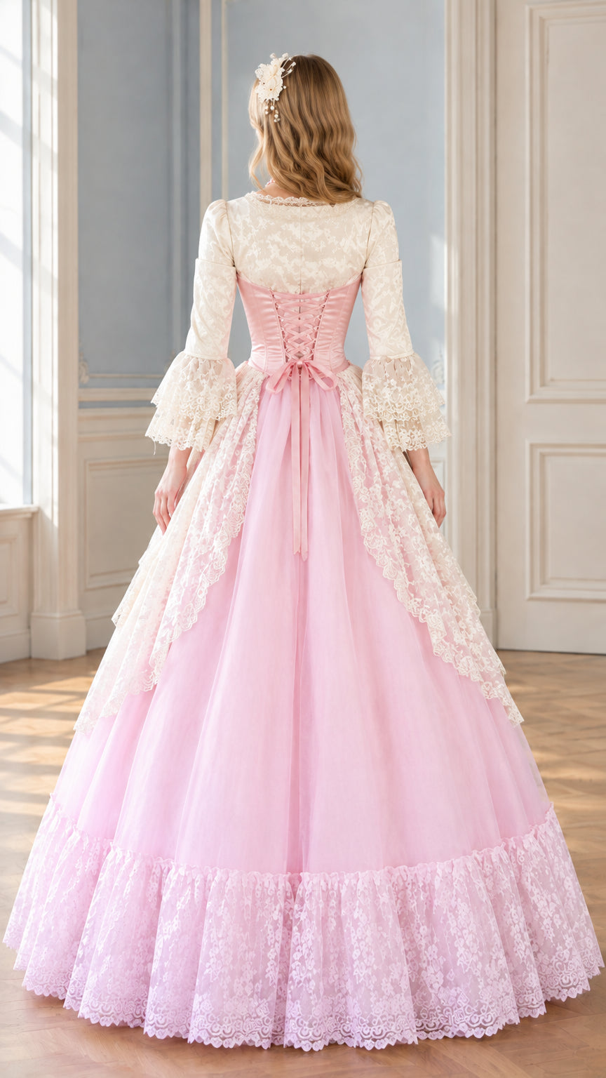 Back view of pink Victorian dress showcasing lace-up corset and tiered skirt design