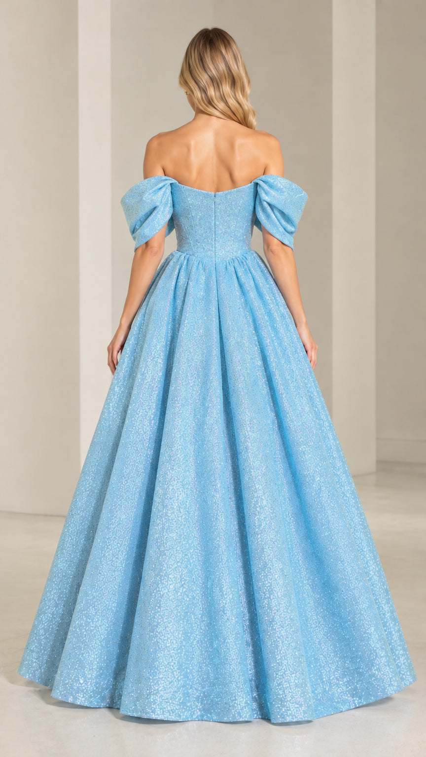 Back view of light blue off-the-shoulder sparkle evening gown with full skirt
