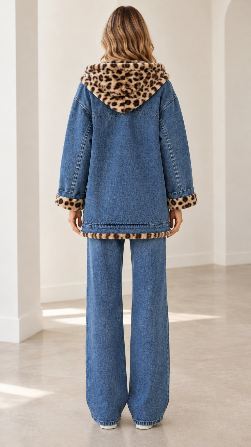 Back view of model wearing blue hooded denim jacket with leopard print lined hood and jeans