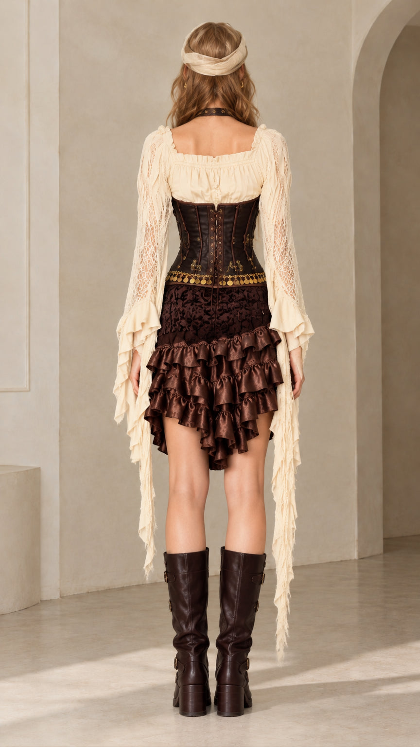 Rear view of model showing lace-up corset back and layered skirt hem
