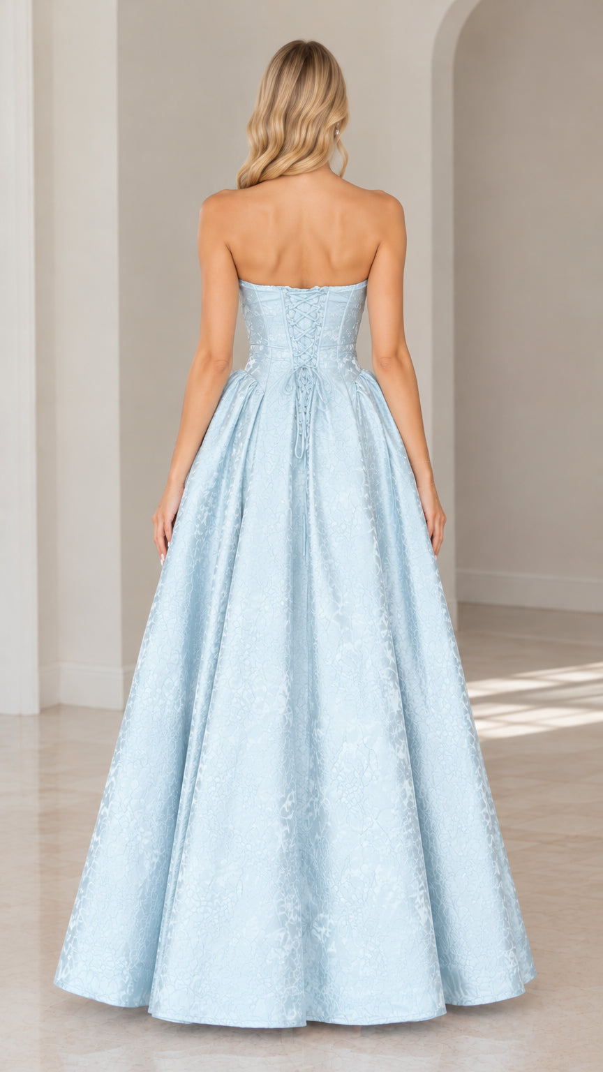 Light blue strapless floral maxi dress shown from the back