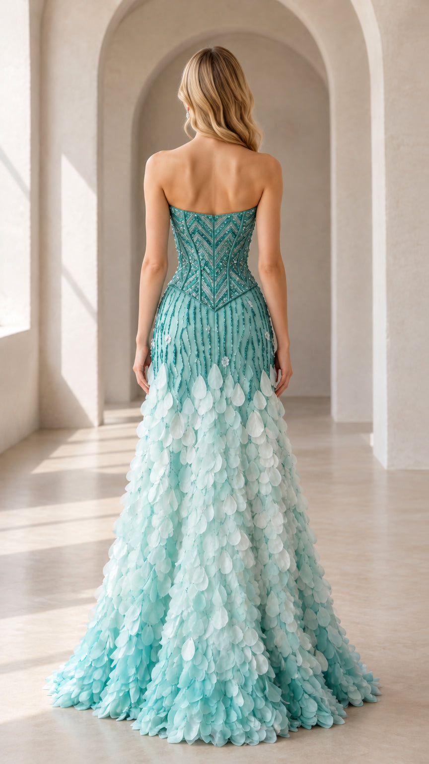 Back full-length view of model in aqua teal strapless beaded evening dress
