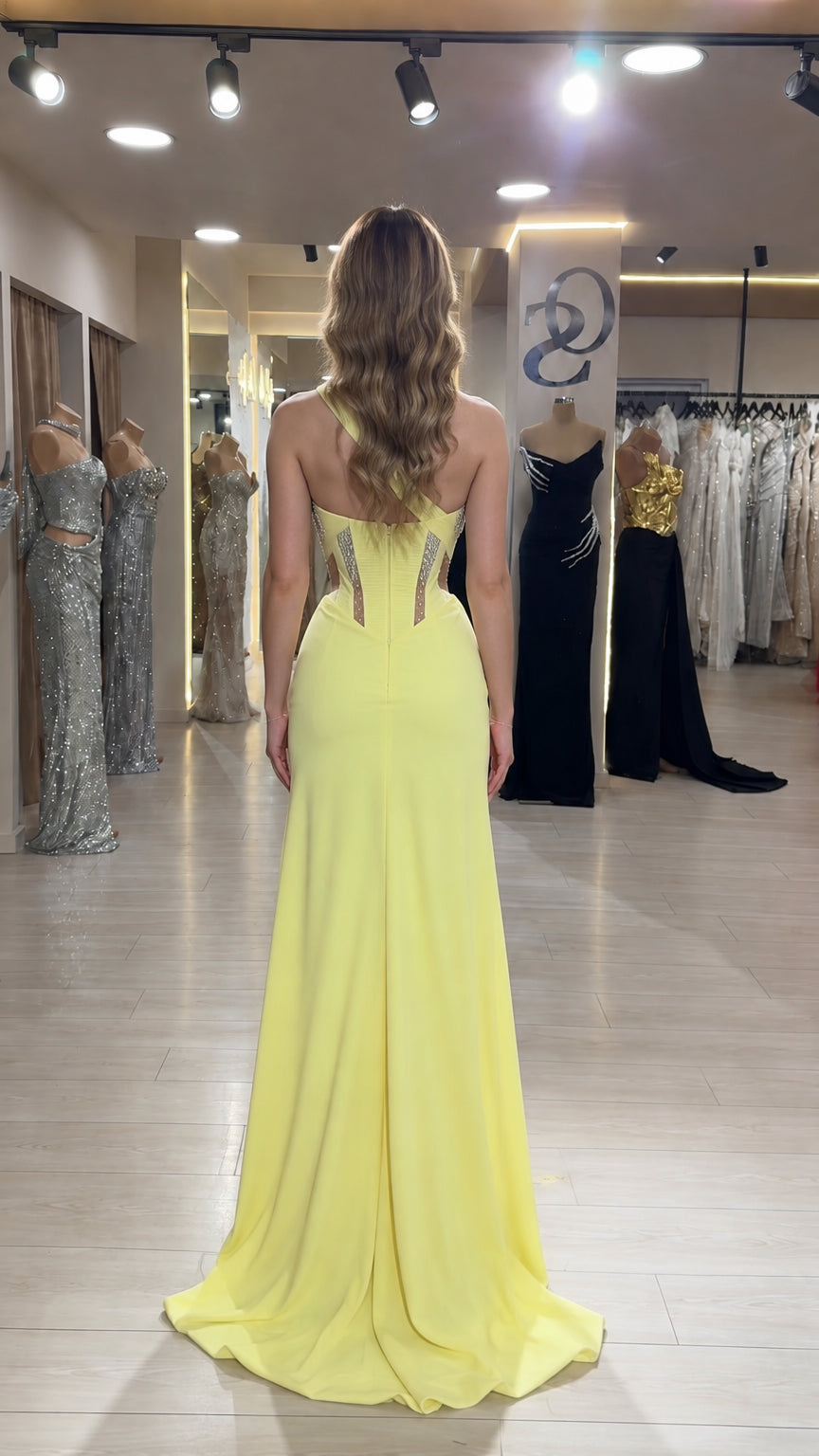 Pale yellow corset evening dress back view showing sheer boned panels