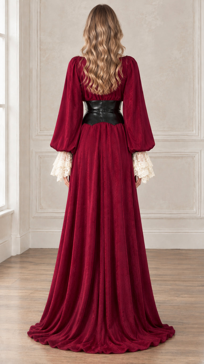 Back view of model showcasing long draping Wine Red velvet gown with corset waist