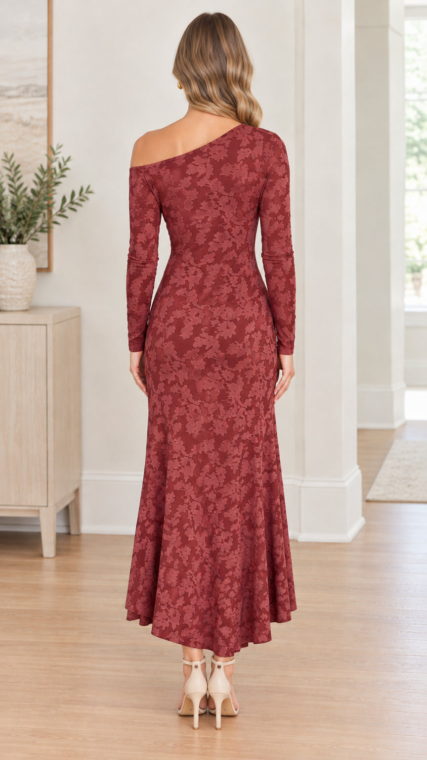 Back view of woman wearing Wine Red long sleeve one-shoulder midi dress