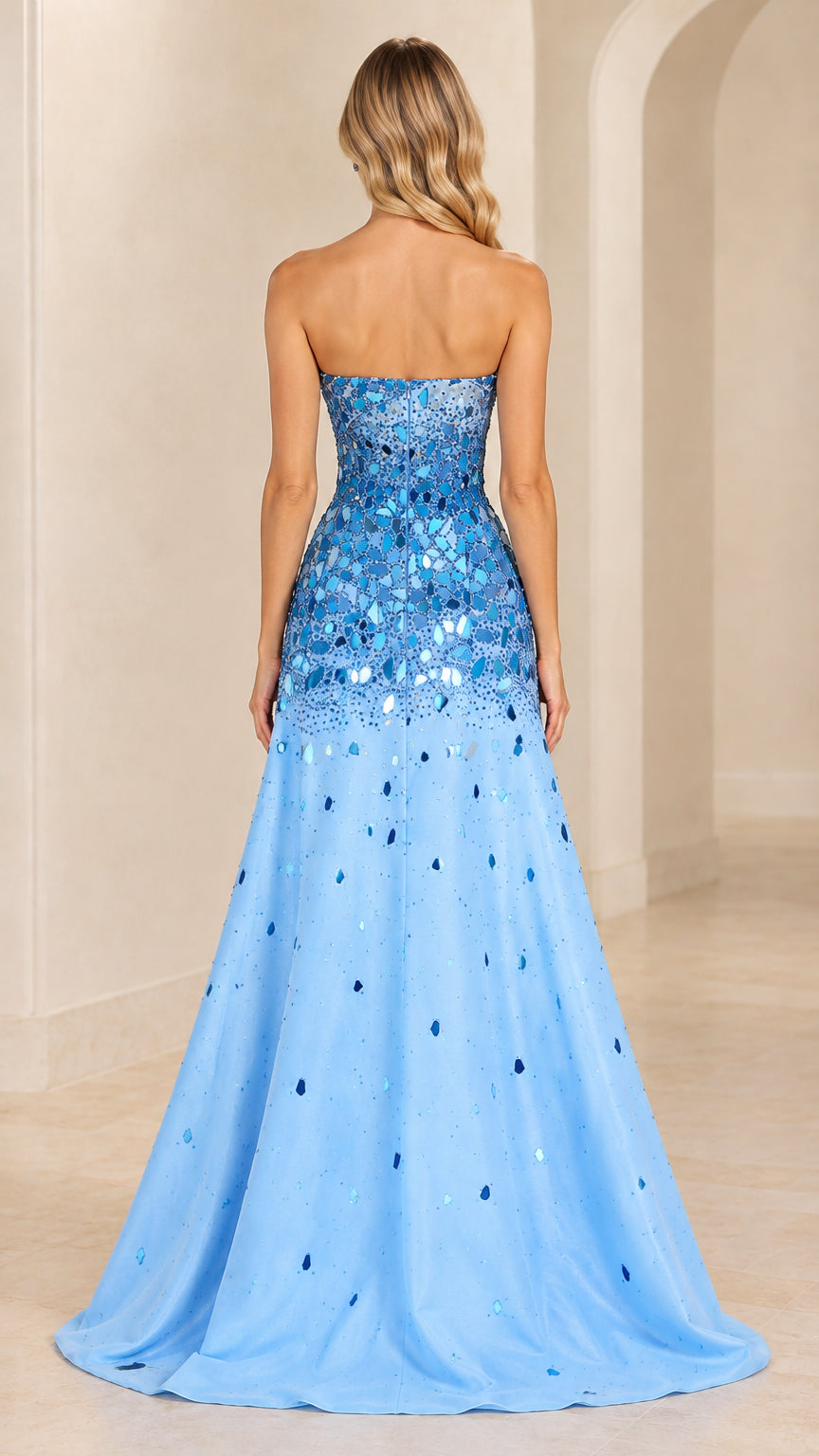 Rear view of woman wearing strapless sky blue embellished floor-length ball gown