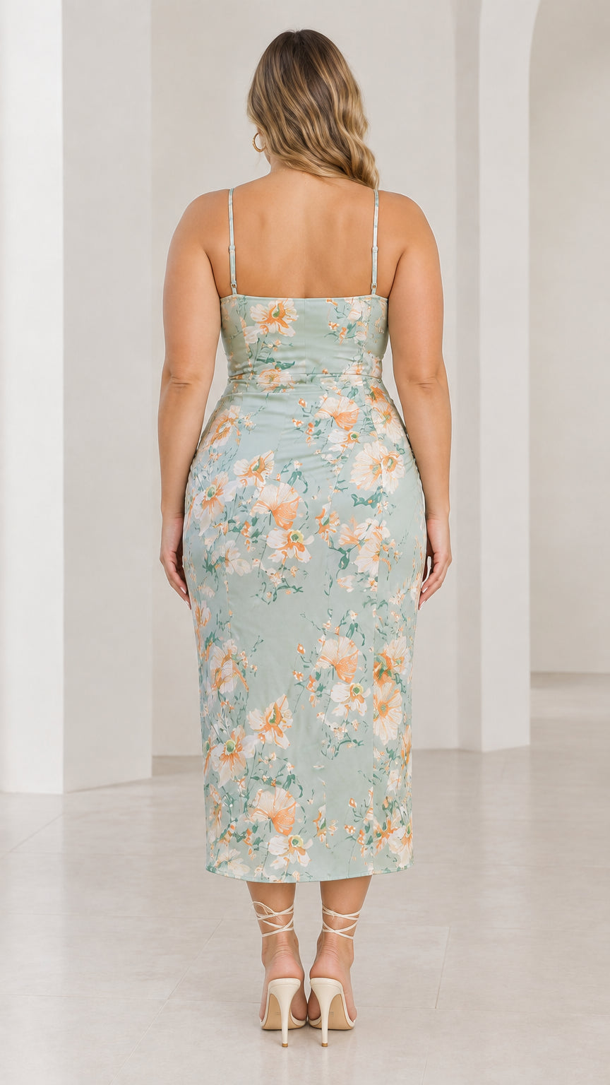 Back full-length view of model wearing sage green floral spaghetti strap midi dress
