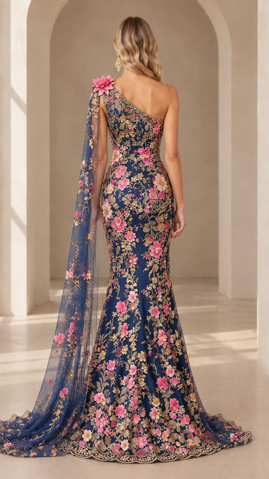 Back full-length view of navy blue cape evening dress showing fitted silhouette and floor-sweeping cape