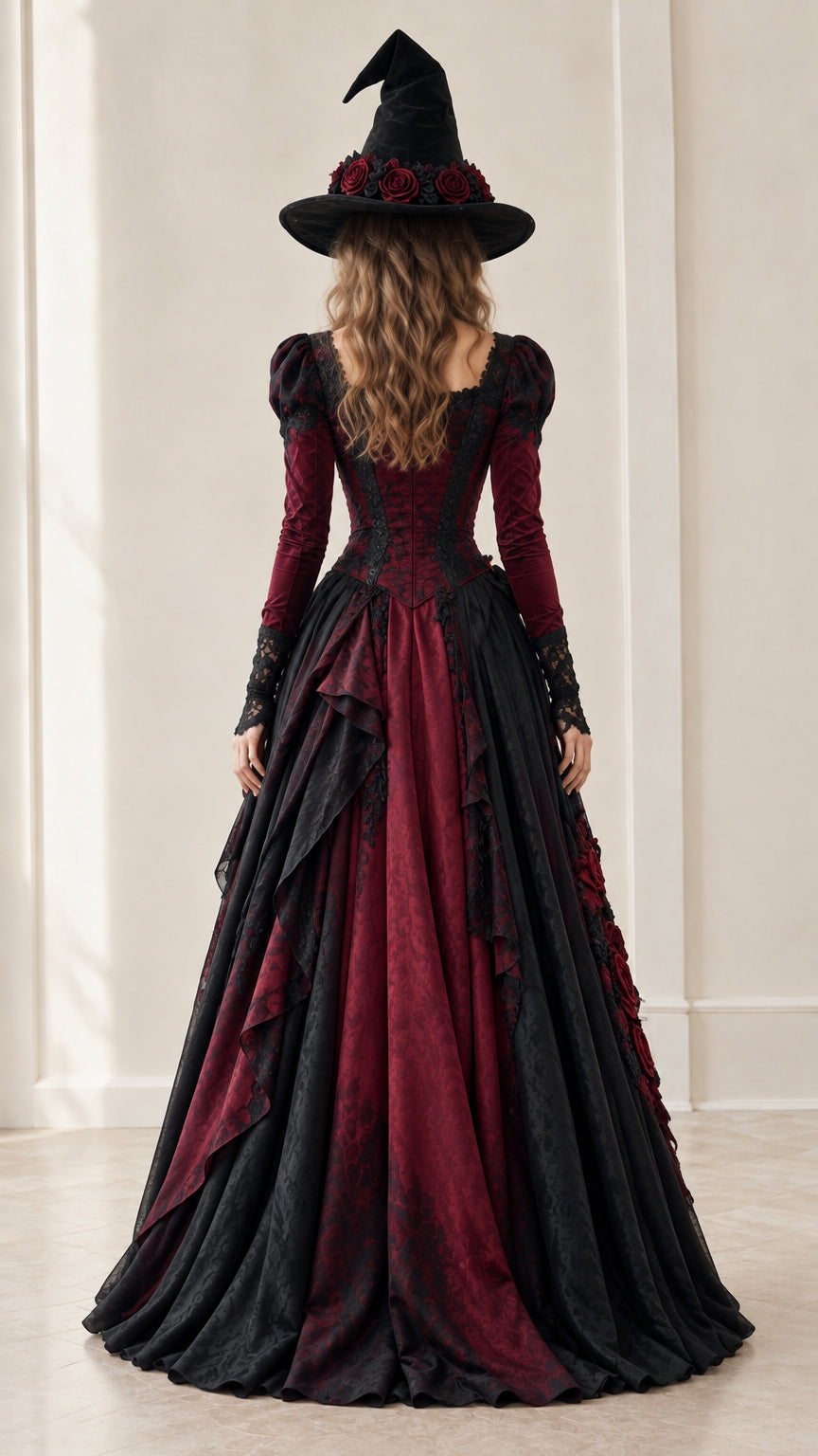 Back view of burgundy and black gothic witch dress showcasing structured bodice and train