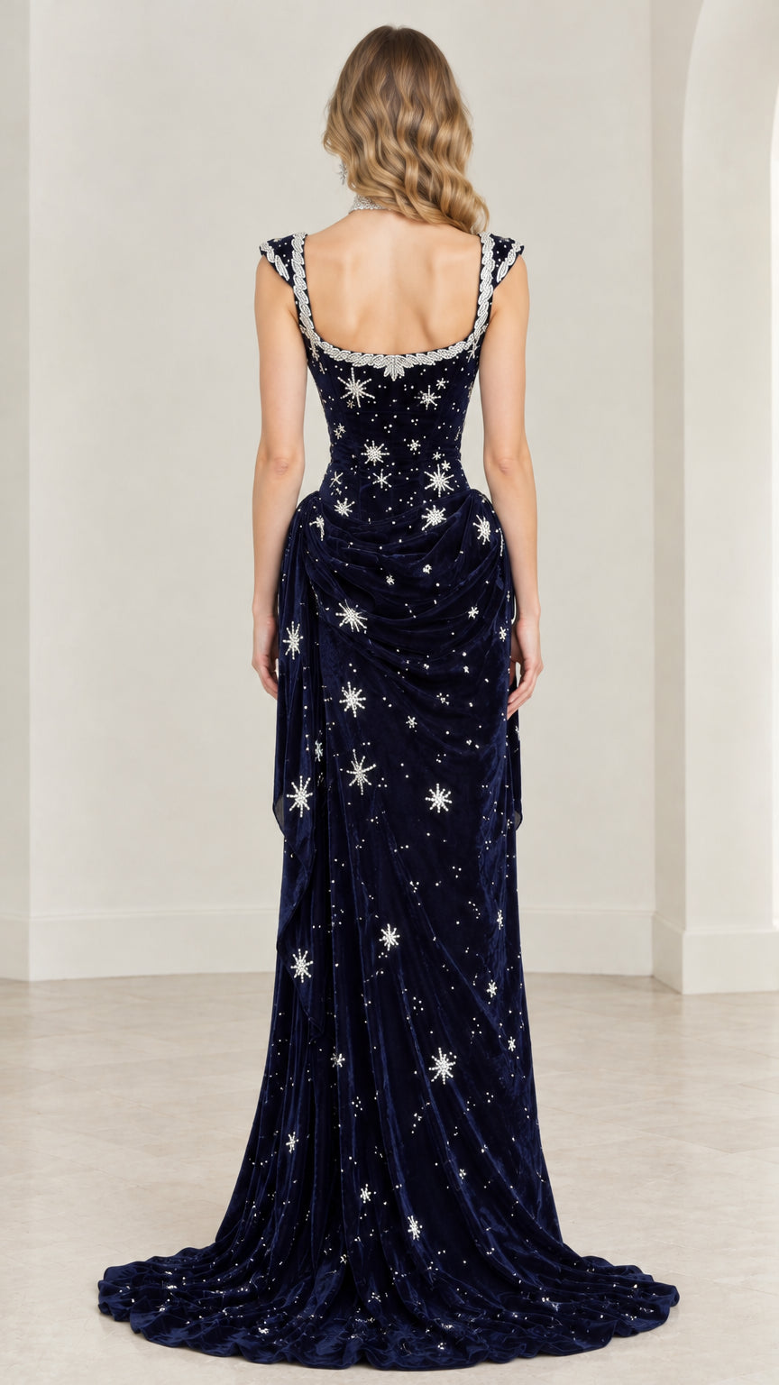 Back view of midnight blue velvet evening gown showing square back and celestial star embroidery