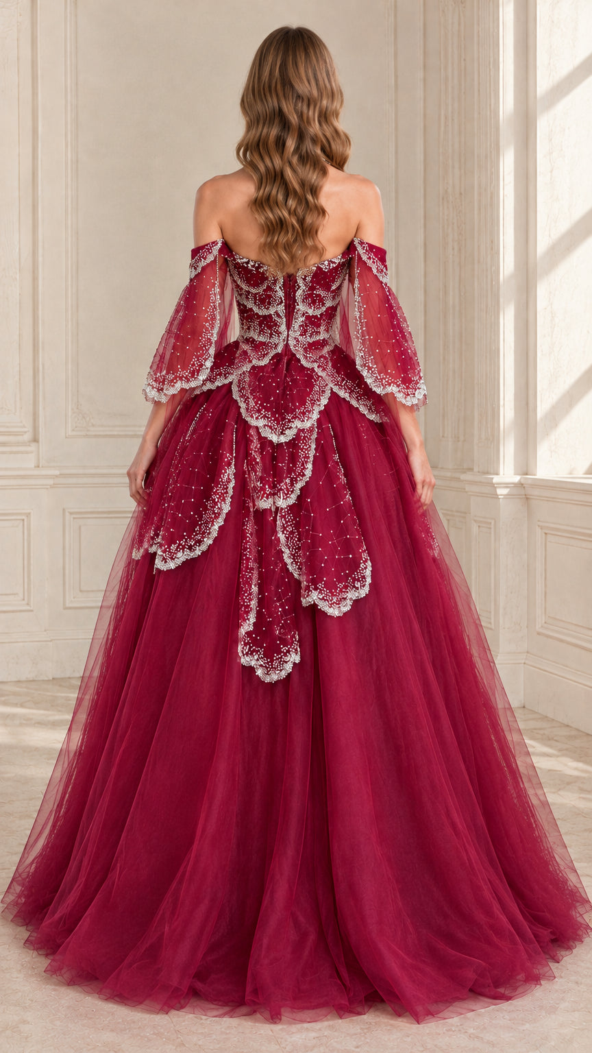 Burgundy beaded tulle formal ball gown back view