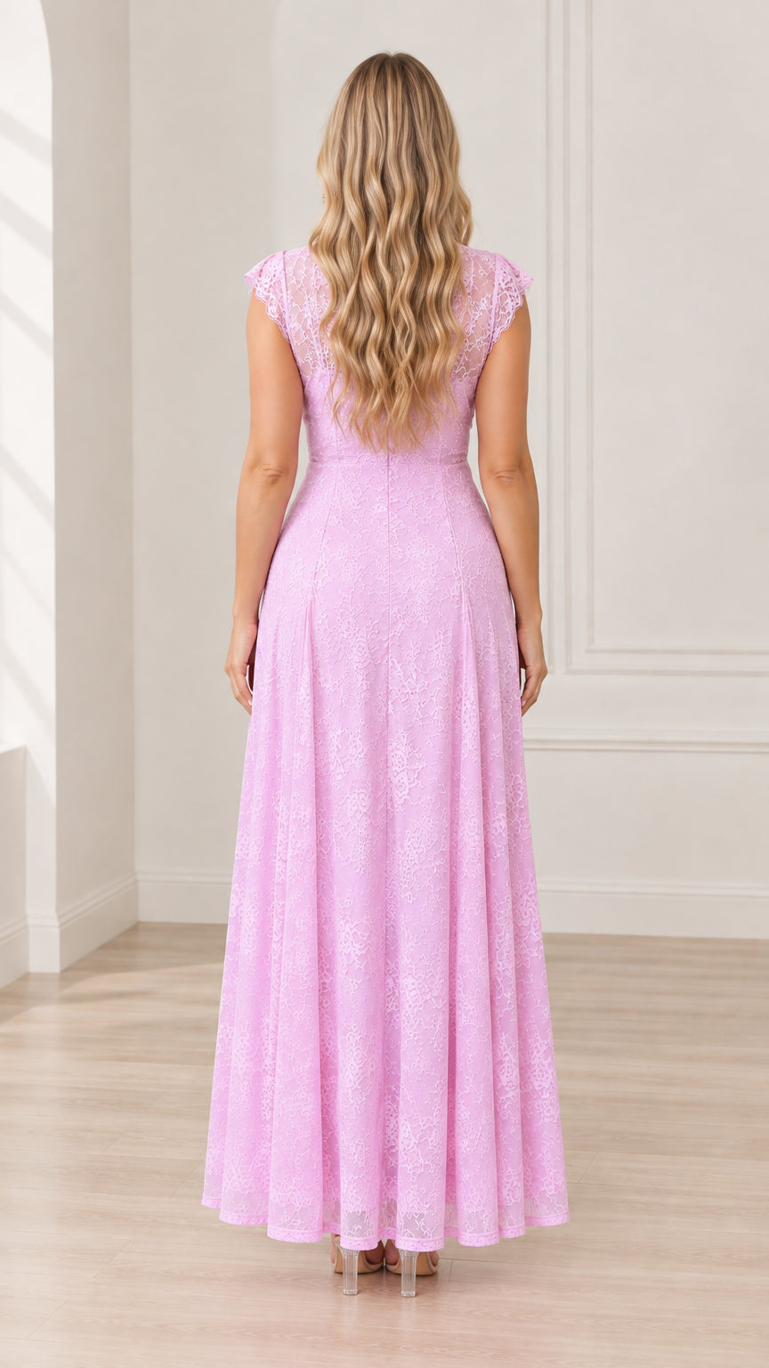 Back view of lilac pink floral lace maxi dress highlighting seamless back tailoring and full skirt