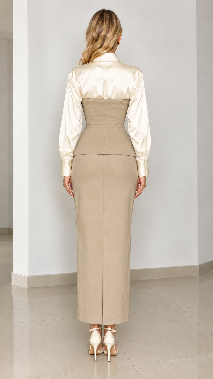 Back view of model wearing beige corset vest top and maxi column skirt with back slit