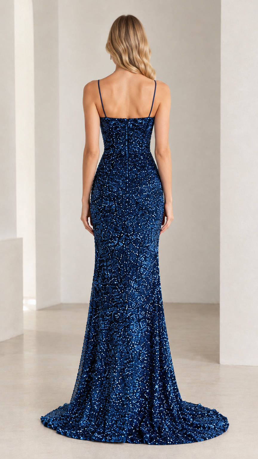 Rear view of royal blue sequined evening gown showing low back and sweep train