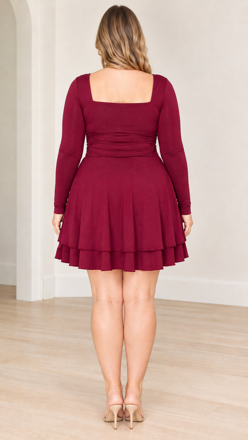 Burgundy long sleeve skater dress back view showing square back