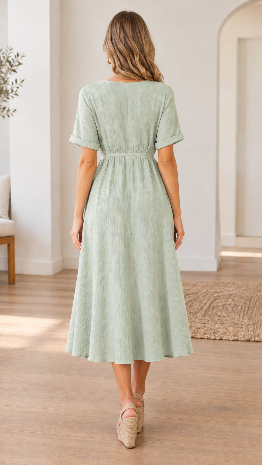 Back full-length view of woman in sage green empire waist textured midi dress