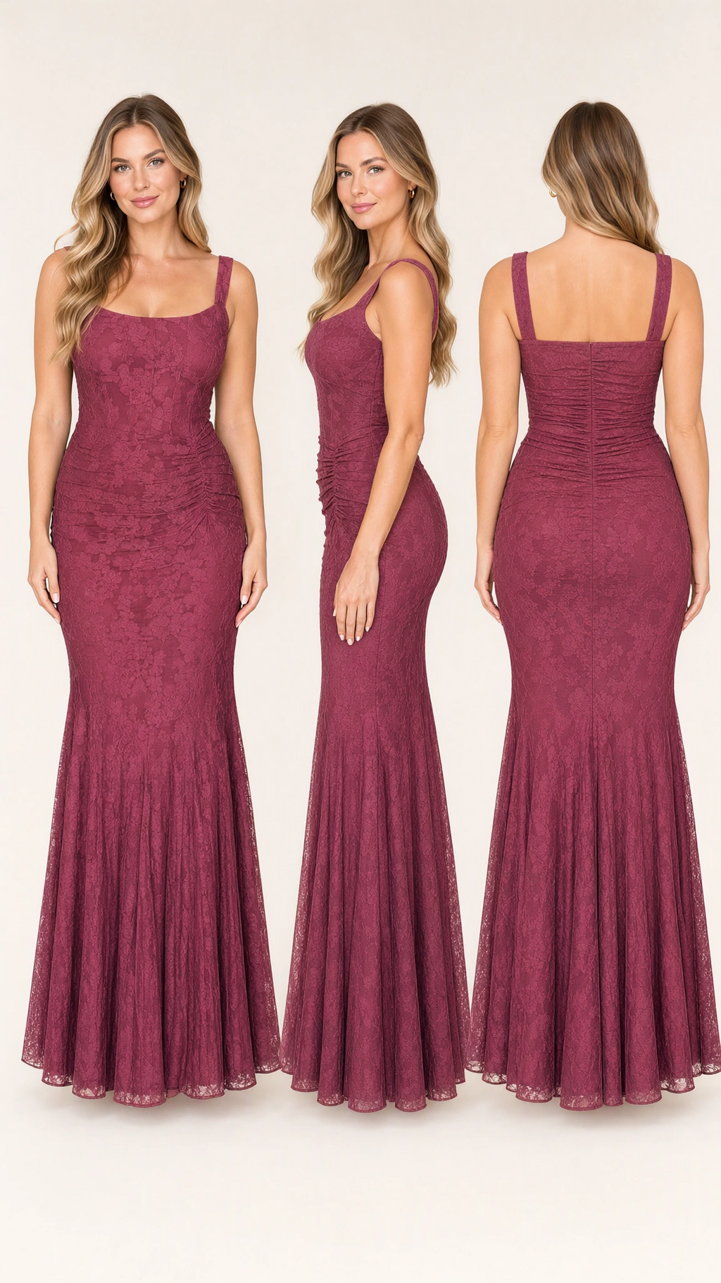 Multi-angle collage of Dusty Rose lace ruched mermaid maxi dress