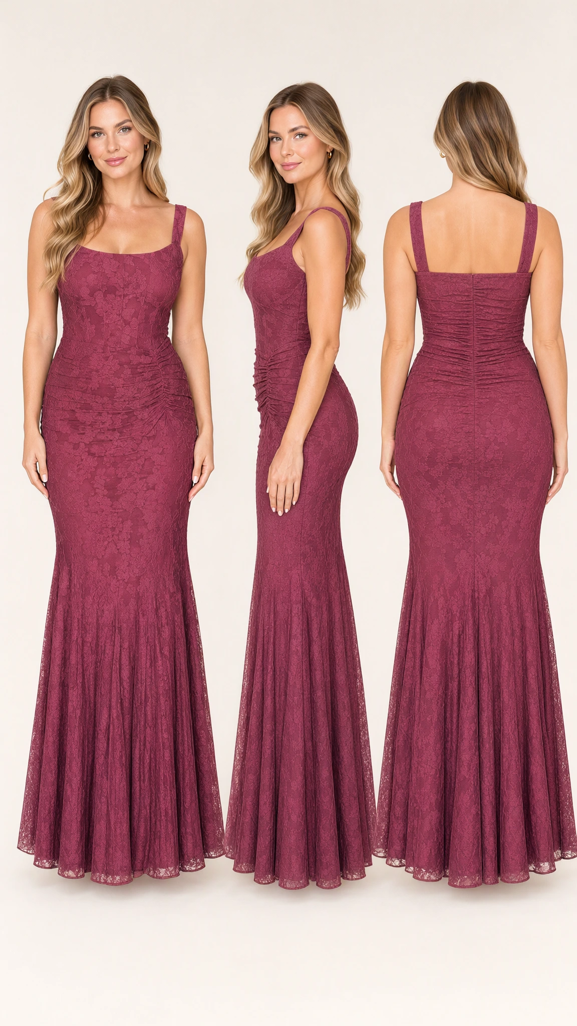 Multi-angle collage of Dusty Rose lace ruched mermaid maxi dress