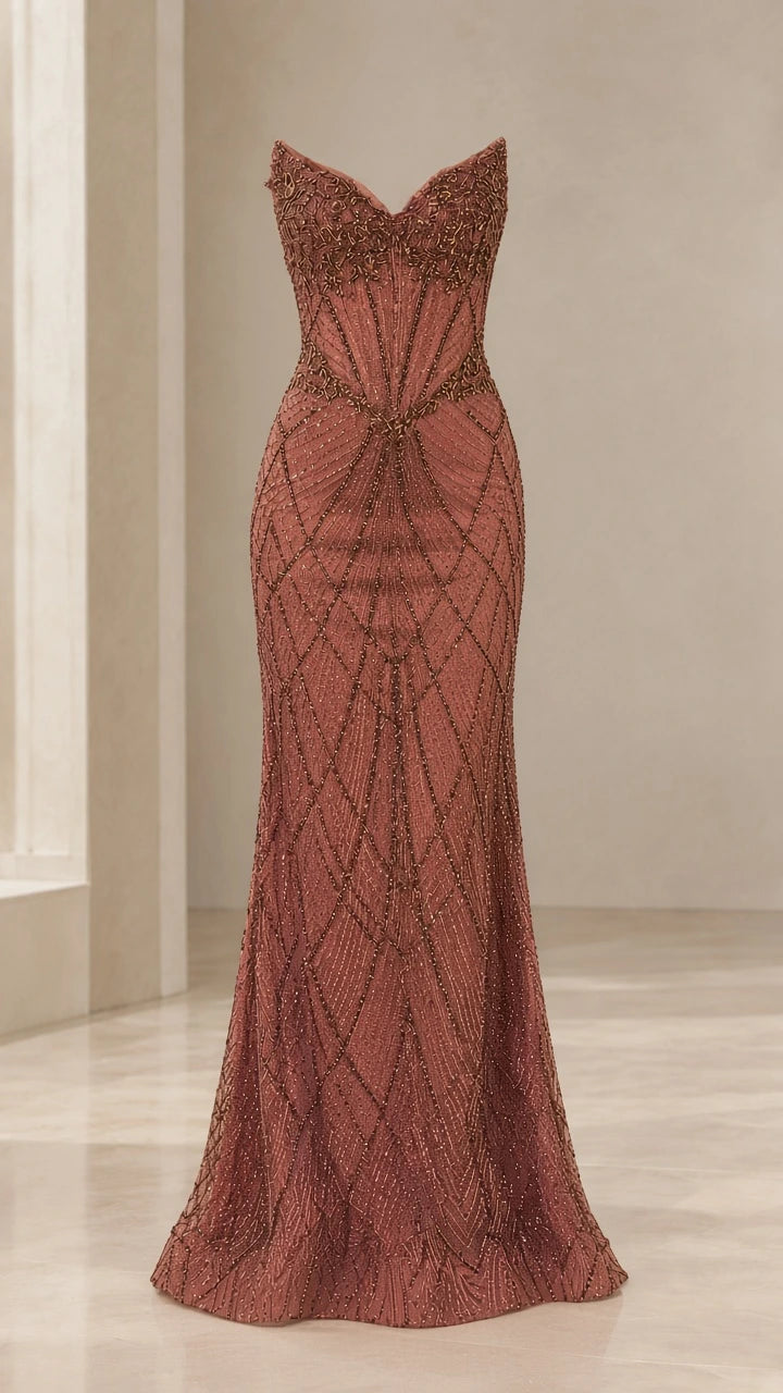 Ghost mannequin product view of dusty rose strapless beaded mermaid gown
