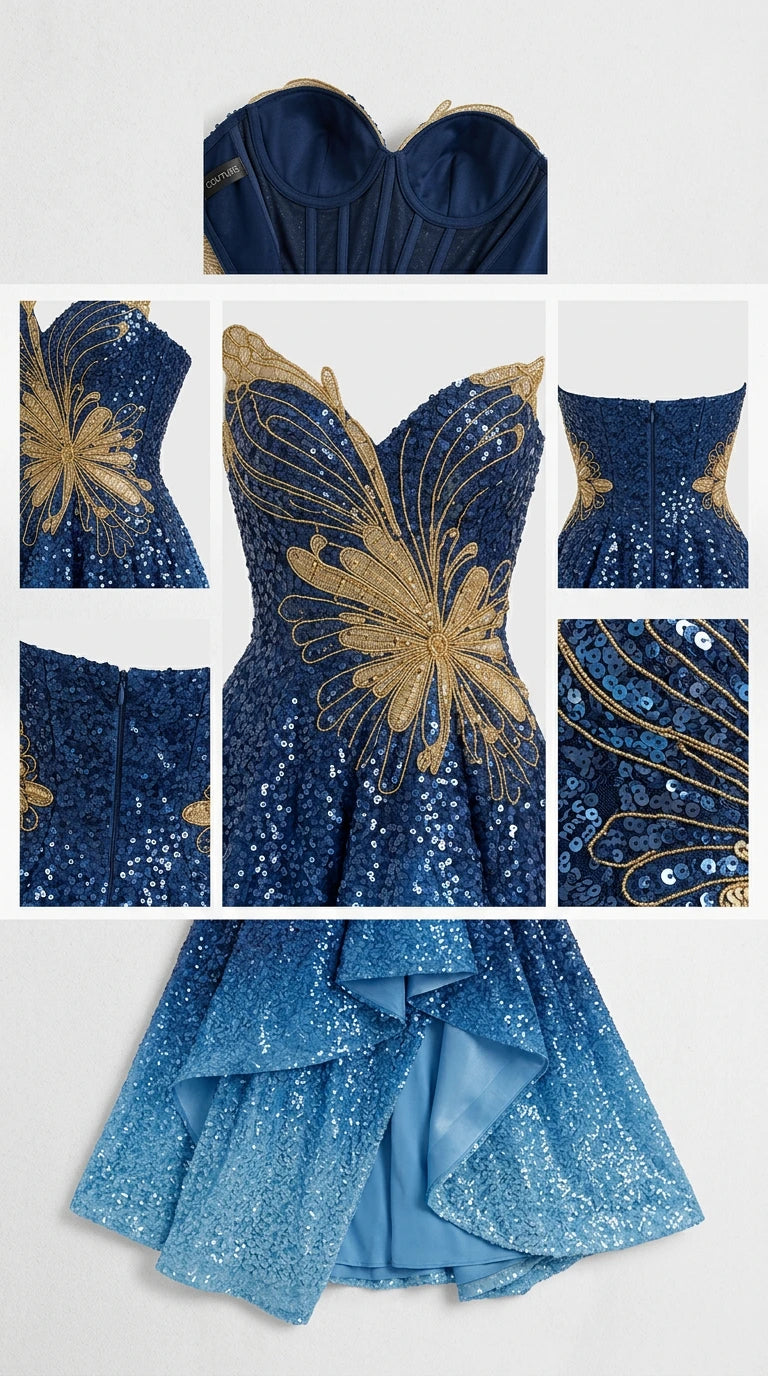 Detailed close-ups of the sweetheart boned bodice, gold embroidered butterfly motif, back zipper, and skirt lining