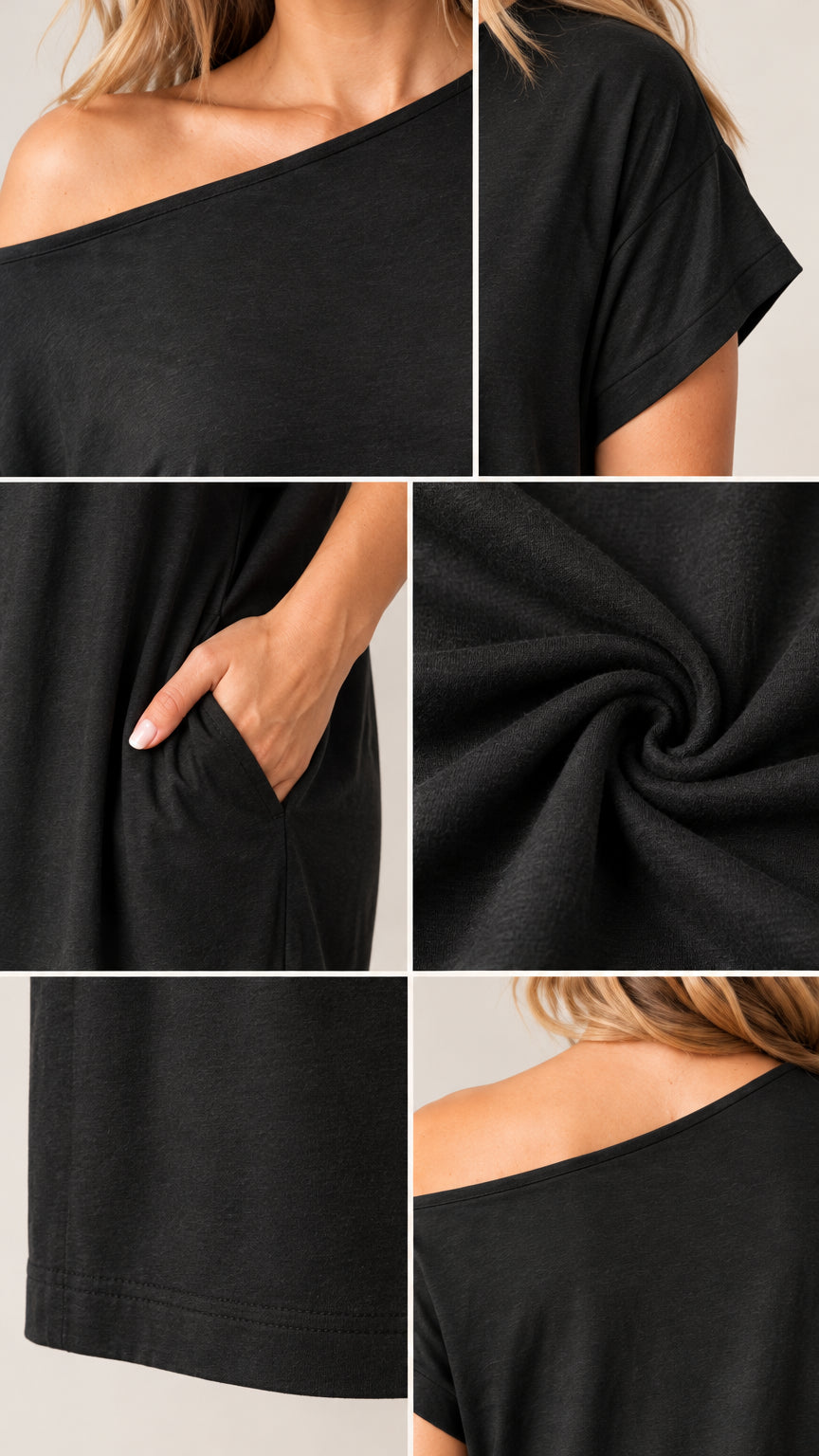Detail composite showing asymmetric neckline, sleeve cuff, side pocket, and soft knit fabric texture