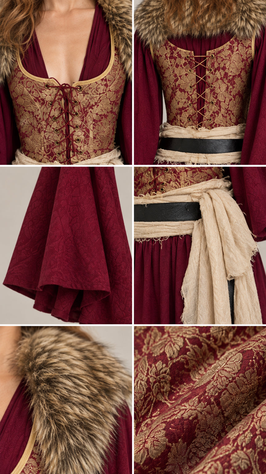 Close-up details of brocade floral pattern, front and rear lace-up bodice, sash, and faux fur trim