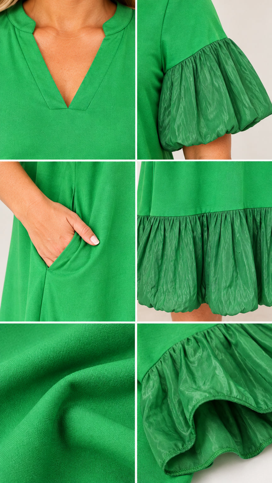 Close-up details of green dress neckline, textured flutter sleeve, side pocket, and fabric texture