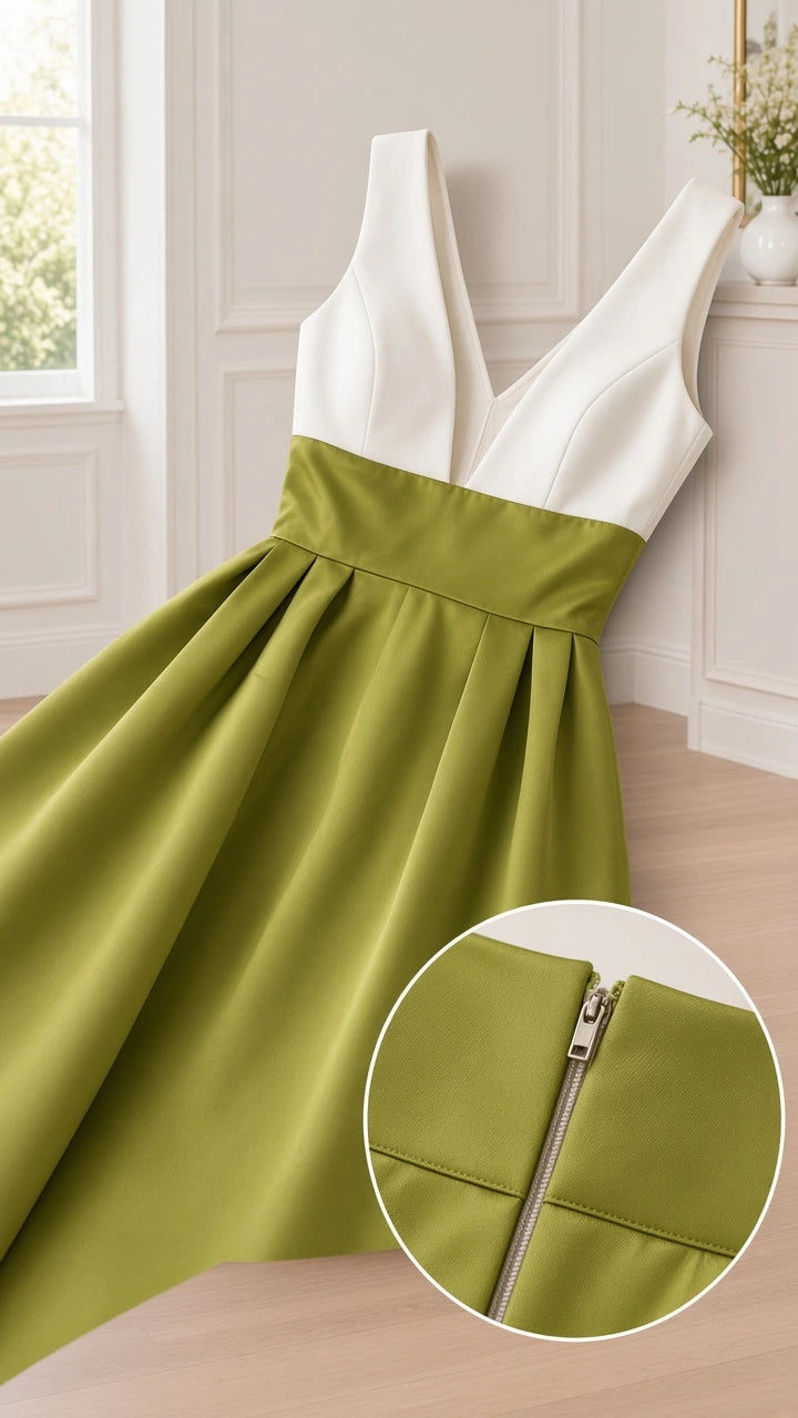 Flat lay view showing plunge neckline and zipper detail on olive green maxi gown