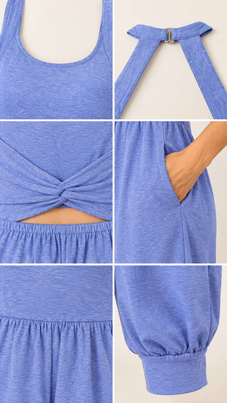 Close-up detail collage showing neckline, neck clasp, back twist, pocket, and cuff details