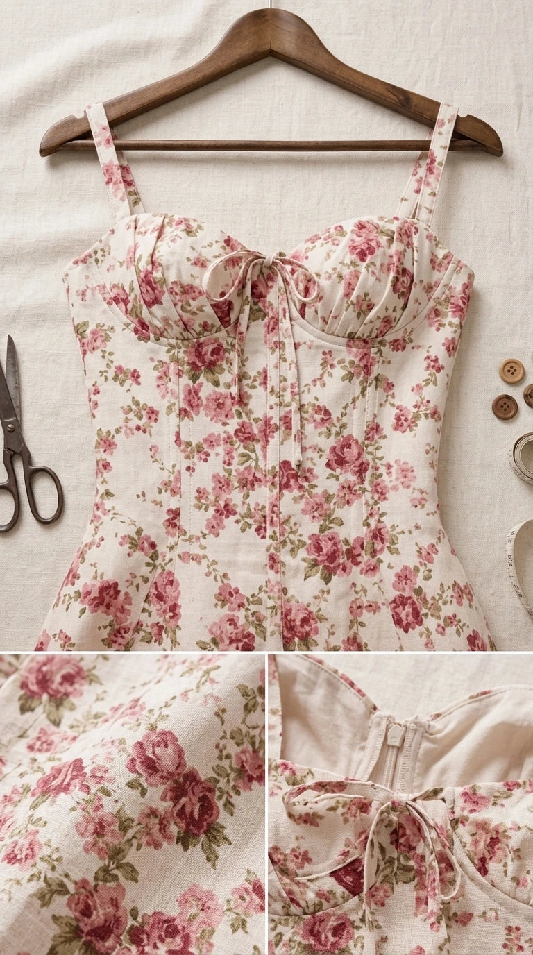 Detailed flat lay of bodice showing sweetheart neckline, front tie bow, and zipper closure