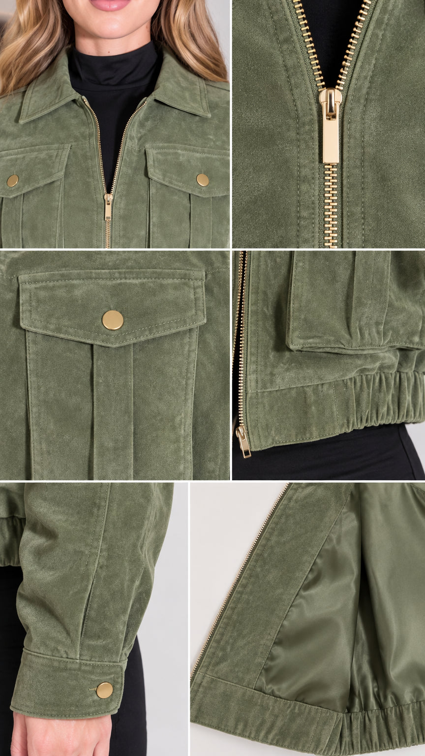 Detailed close-ups of olive green cropped jacket showing collar, zipper, flap pocket, sleeve cuff, and inner lining