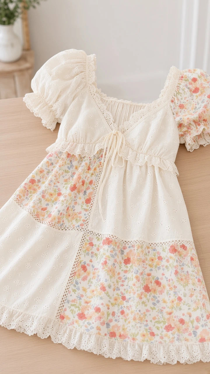 Flat lay close-up of white floral patchwork mini dress showing eyelet trim and tie neckline