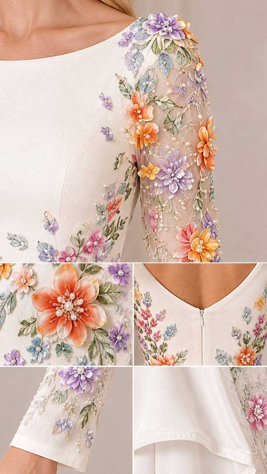 Close-up collage of detailed 3D floral embroidery, sleeve cuff, boat neck, and back zipper
