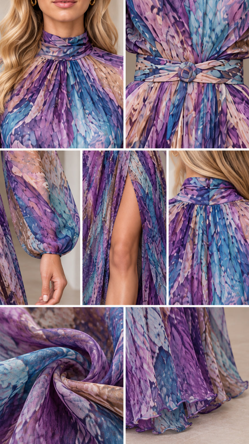 Close-up details of mock neckline, fabric buckle belt, sleeve cuff, front slit, and printed fabric